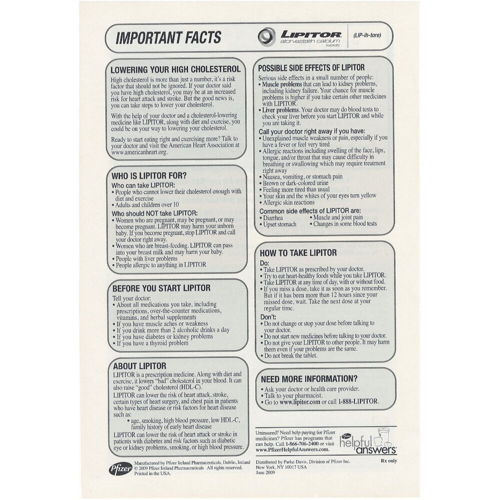 Lipitor Cholesterol Medication Information Brochure Full Page Ad u Facts